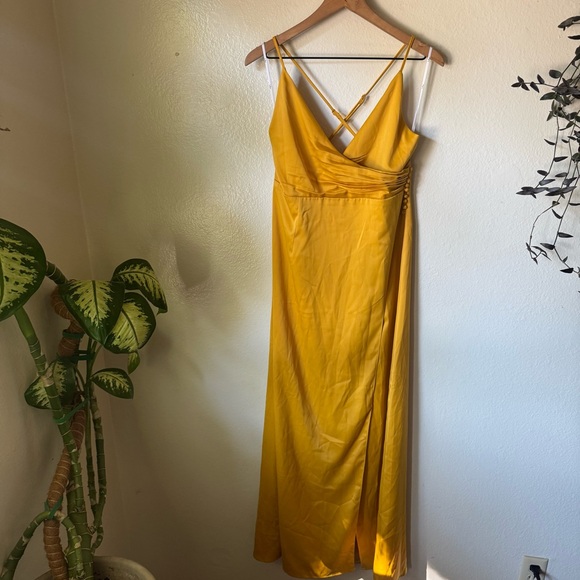 Lulus | Outstanding Elegance Mustard Yellow Satin Surplice Maxi Dress - Picture 2 of 7